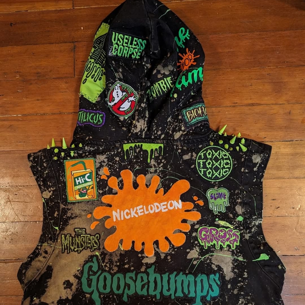 Custom hooded OOAK slime battle vest with skeleton motif